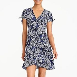 J Crew | Blue Floral Print Faux Wrap Dress | Ruffle Trim Tie Sleeves